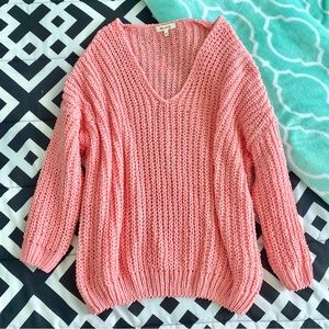 Miracle Bright Coral Orange Oversized V-neck Sweater